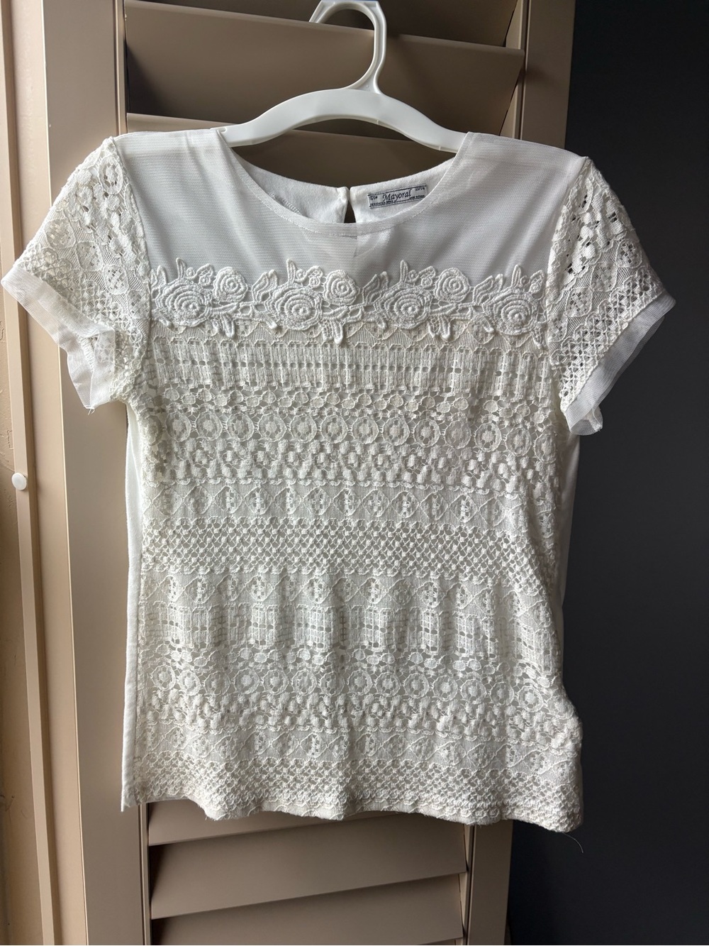 Girls Mayoral Lace-Detail Short Sleeve Top - White